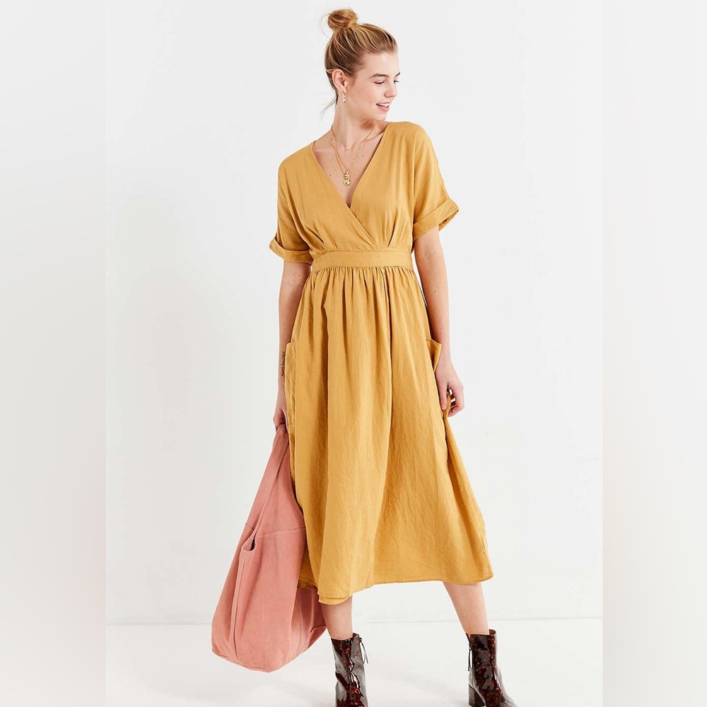 Urban outfitters Gabriella yellow linen wrap midi dress